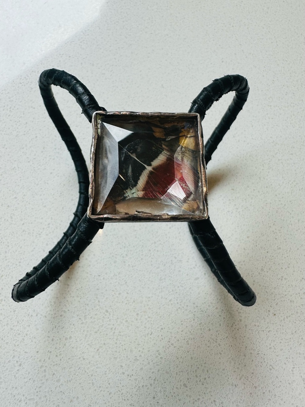 Vintage Statement Cuff with feather inside crystal and leather wrapped bands